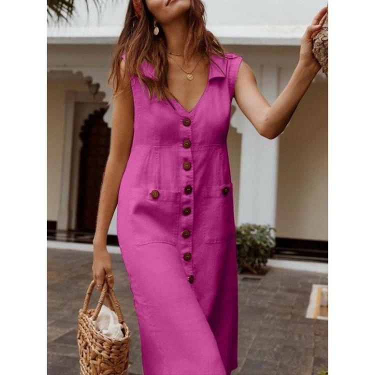 Casual Dresses - Women Loose Fit Plus Size Summer Sleeveless Dress Casual Solid Color V Neck Tunic Dress