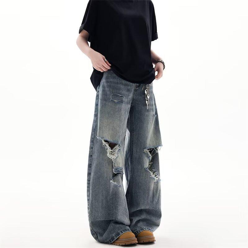 Джинсы клеш JYL унисекс Cleanfit с фактурой «slub», рваные, свободные, широкие, модные, прямые, джинсовые M бездна