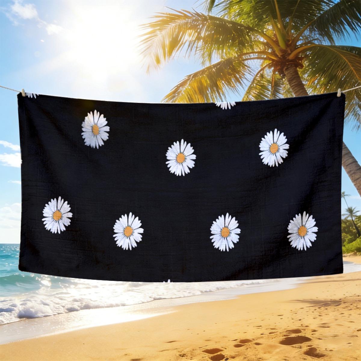 

1pc Black Beach Towel with White Daisy Pattern, Perfect for Beach Vacation Picnic Fitness Yoga, Ideal Holiday Gift W30*H60(CM)