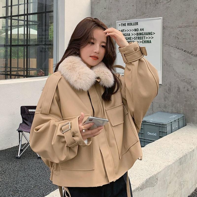 Zimní kožená parka s fleecovou podšívkou pro ženy Korejská volná krátká bunda Teplý svrchní oděv
