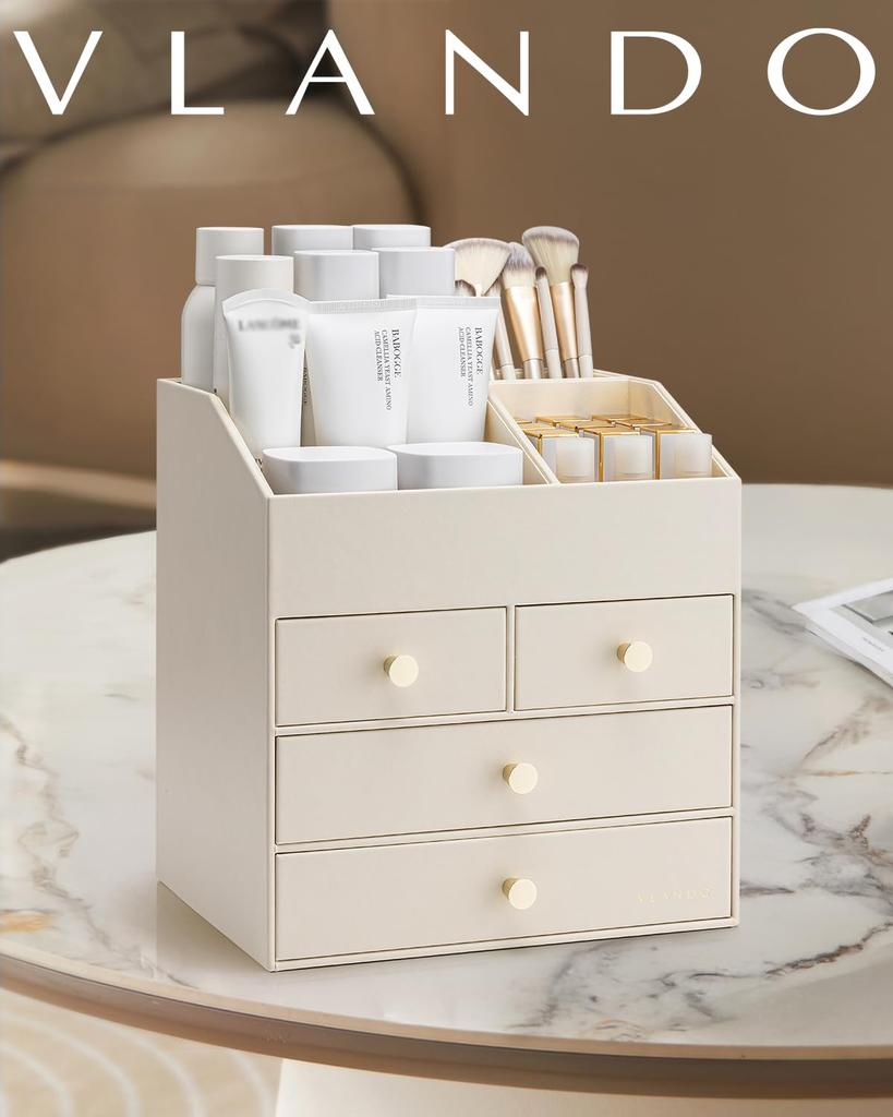 Vlando Make-up Große Kosmetische Vier für Hautpflege Make-up Kosmetik Geburtstagsgeschenk für Frauen Box, Kapazität, Aufbewahrung, Schubladen, Produkte, Lippenstifte, Pinsel,
