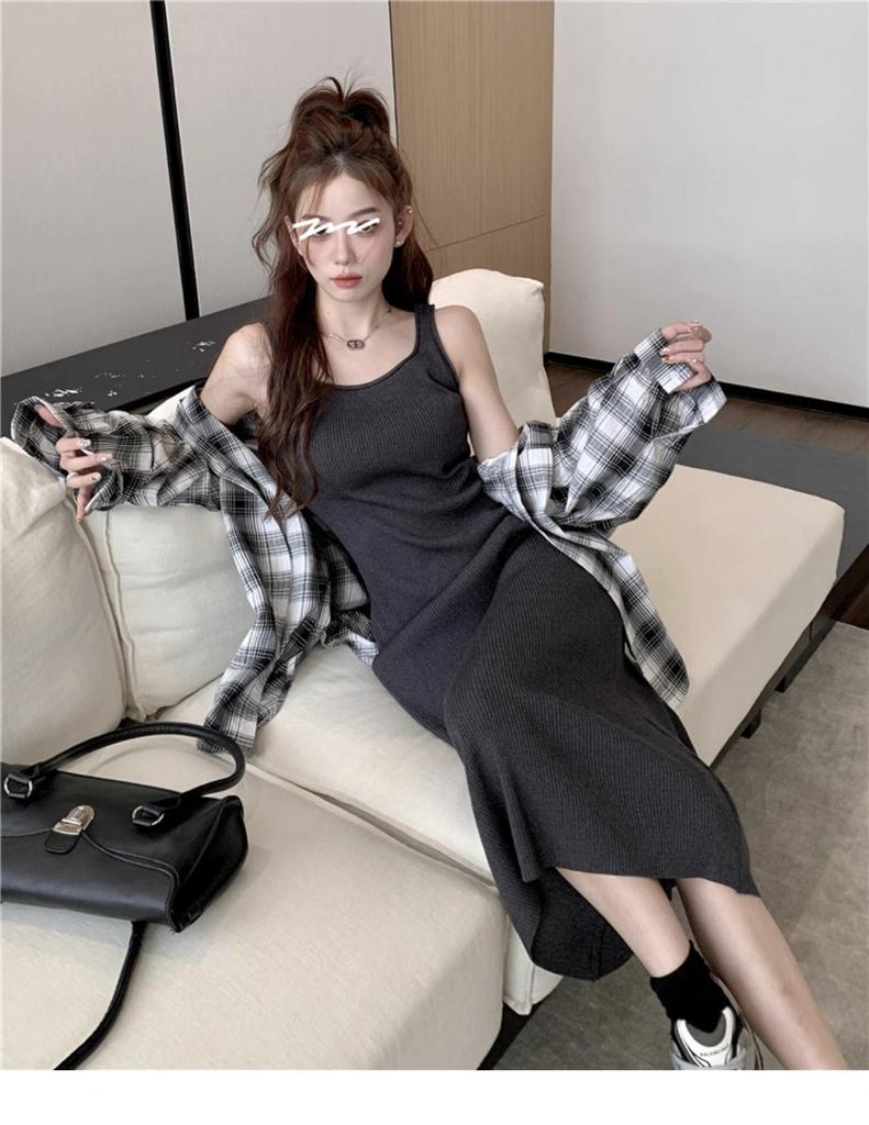 French Knit Off-Shoulder Strappy U-Neck Long Dress - Women's Summer Solid Color H-Line Vest Dress