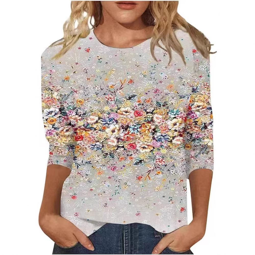 2026 Spring/Summer New Women's Fashion Printed Three-Quarter Sleeve Loose Round Neck Casual T-Shirt Top