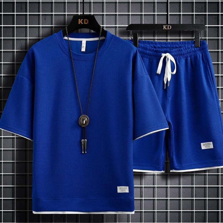 Men's Hong Kong Style Loose Two-Piece Waffle Sports Suit