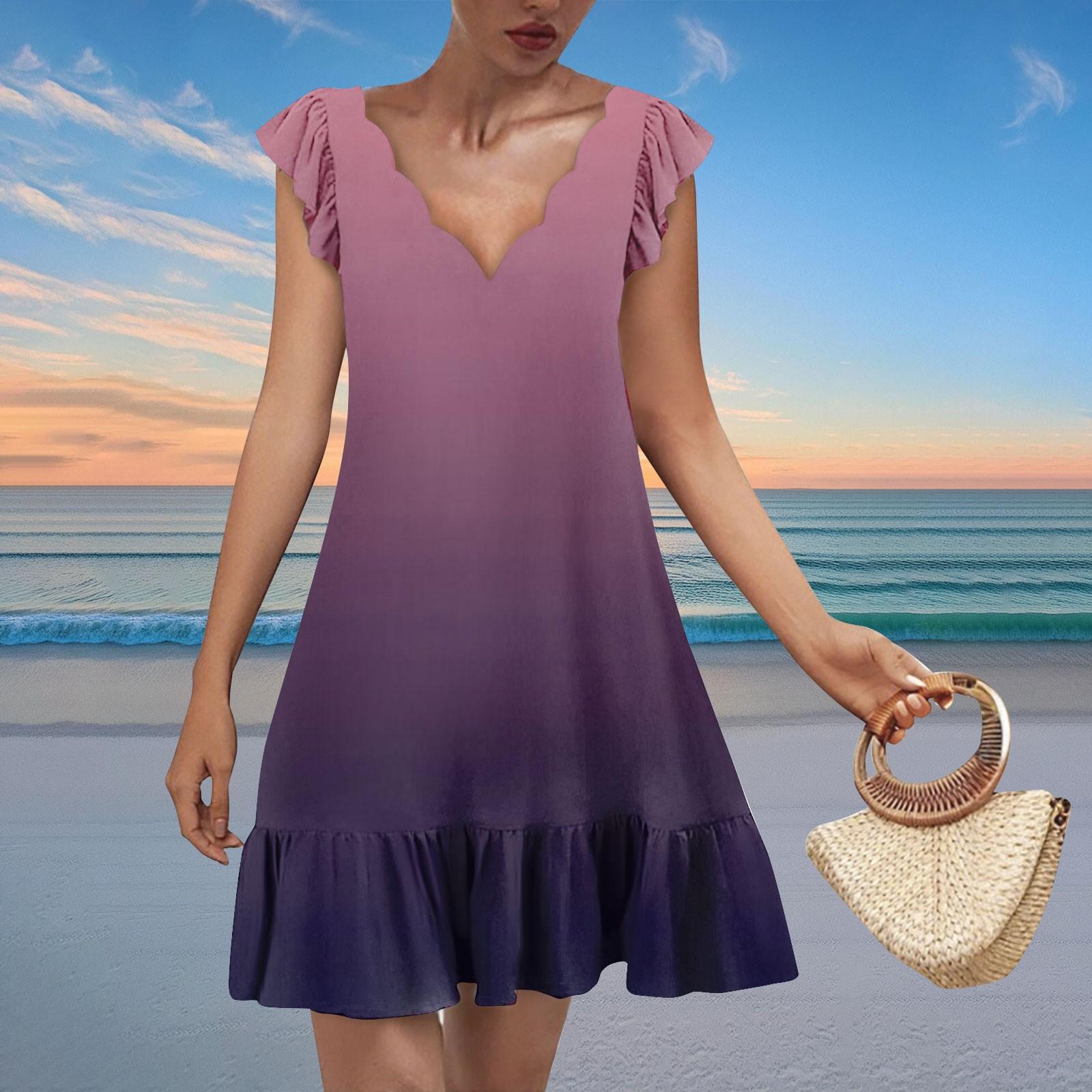 

Women s Fashion Casual V Neck Wavy Edge Gradient Print Short Sleeve Dress S