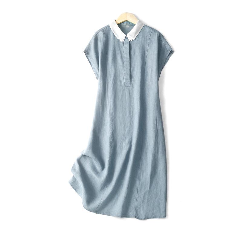 

2025 summer loose casual high-end export women s clothing lapel short-sleeved thin cotton and linen dress women M синий