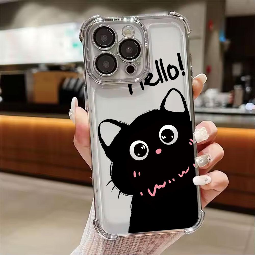 Black Cat Cartoon Art Phone Case for iPhone 11 13 15 16 17 Pro Max 14 Plus 17Air 16E 13 Pro 12 Mini 17Pro Shockproof Clear Cover