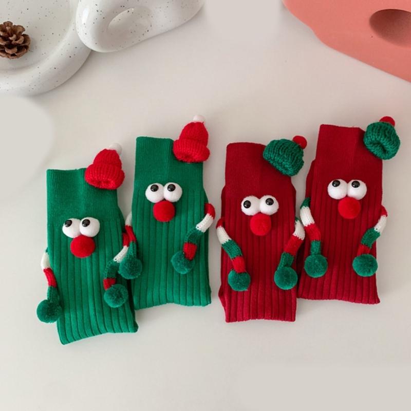 Unisex Couple 3D Santa Hat Dolls Christmas Middle Tube Socks with Magnetic Embellishments for Gifting and Celebrating