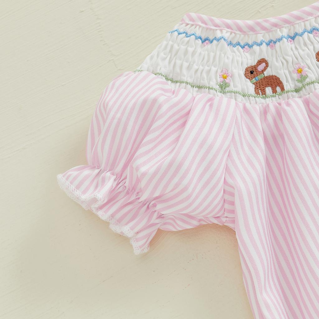 Baby Girl Easter Romper Short Sleeve Stripes Print Bunny Embroidery Loose Bodysuit Newborn Outfit