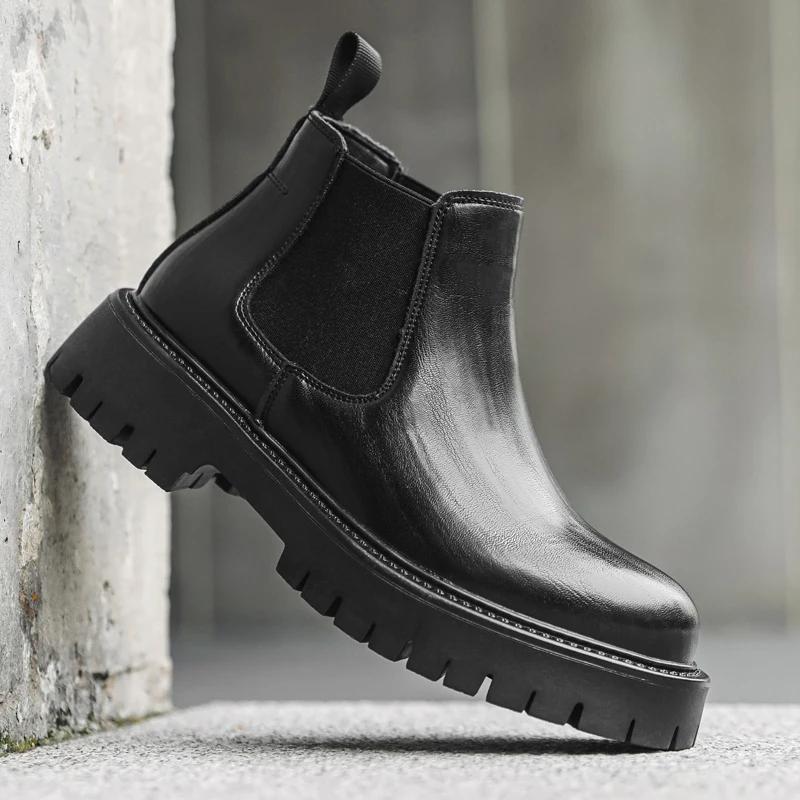 Fashion British Style Men's Street High Top Shoes Thick Soled Wear-resistant Men's Workwear Boots Versatile Black Leather Casual Shoes