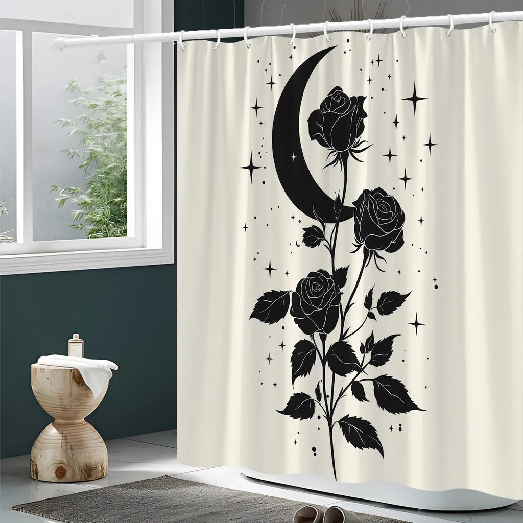 Romantic Black Roses & Crescent Moon Shower Curtain - Sparkling Stars, Soft Beige Background, Durable Polyester, Bathroom Decor