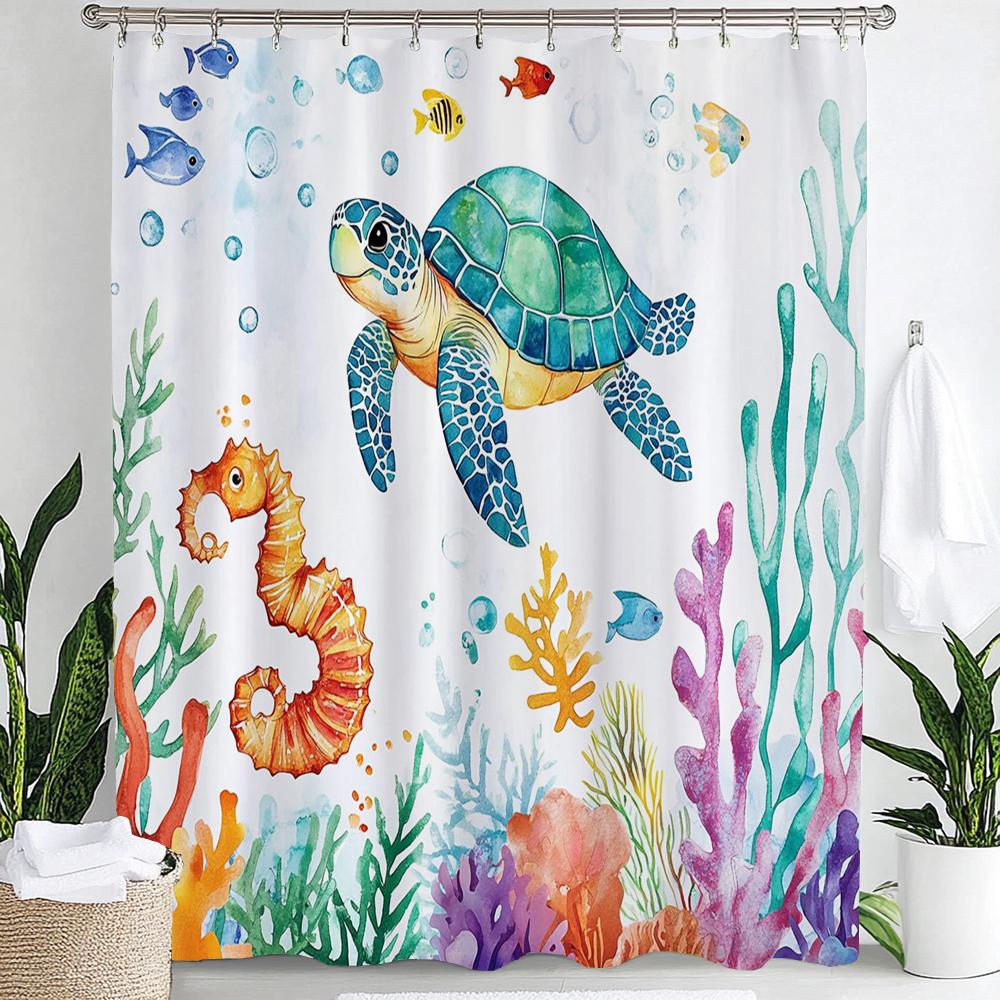 1Pc Blue Ocean, Hippocampus Print Waterproof Shower Curtain,Underwater World Bathing Curtain Partition Privacy Hanging Curtain