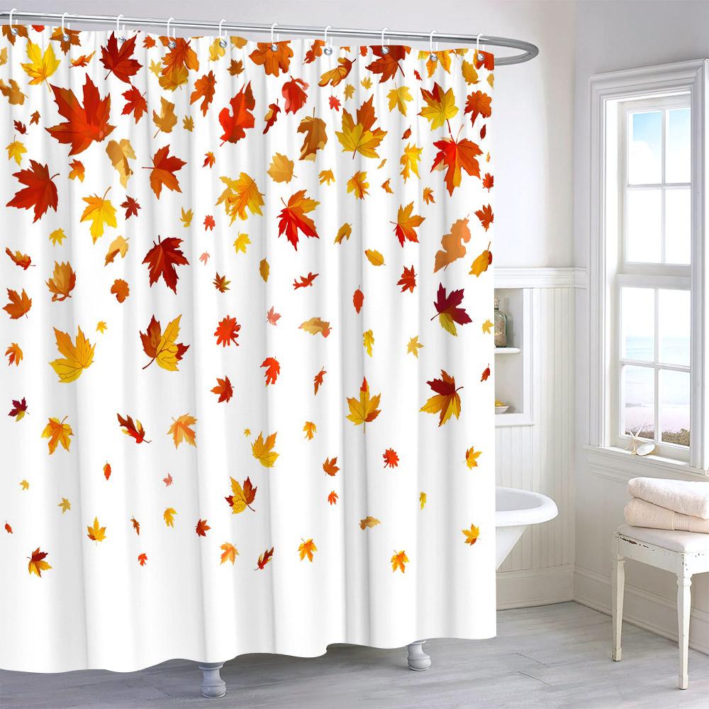 Autumn Watercolour Leaves Pumpkin Shower Curtain Maple Leaves Thanksgiving Gift Polyester Printed Shower Curtains Bathroom Decor