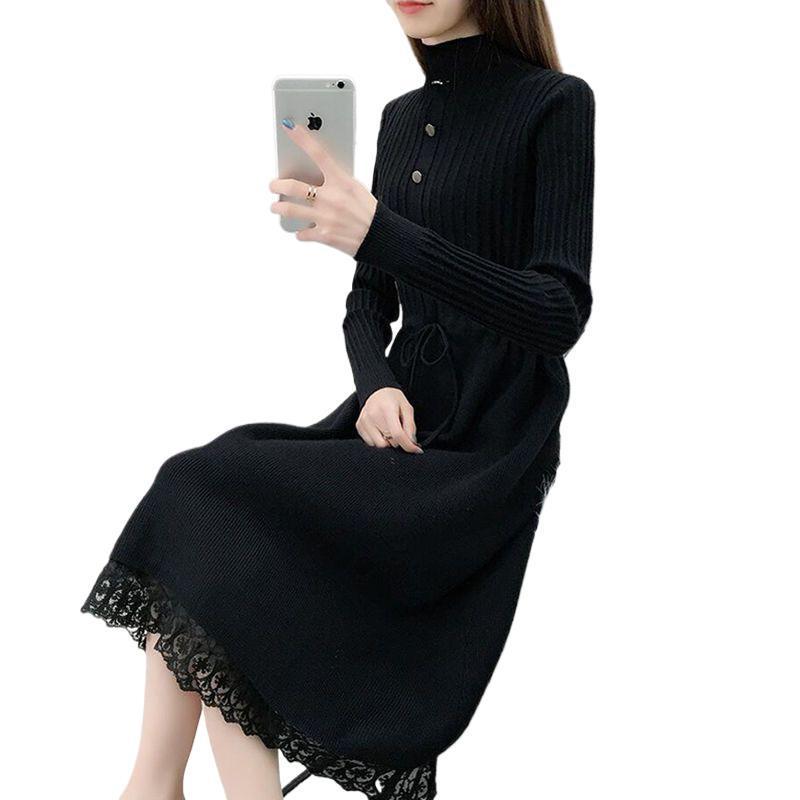 Women's Plus Velvet Thick Mid-Length Knit Sweater Dress - Loose Fit with Lace and Half-High Collar for Autumn and Winter