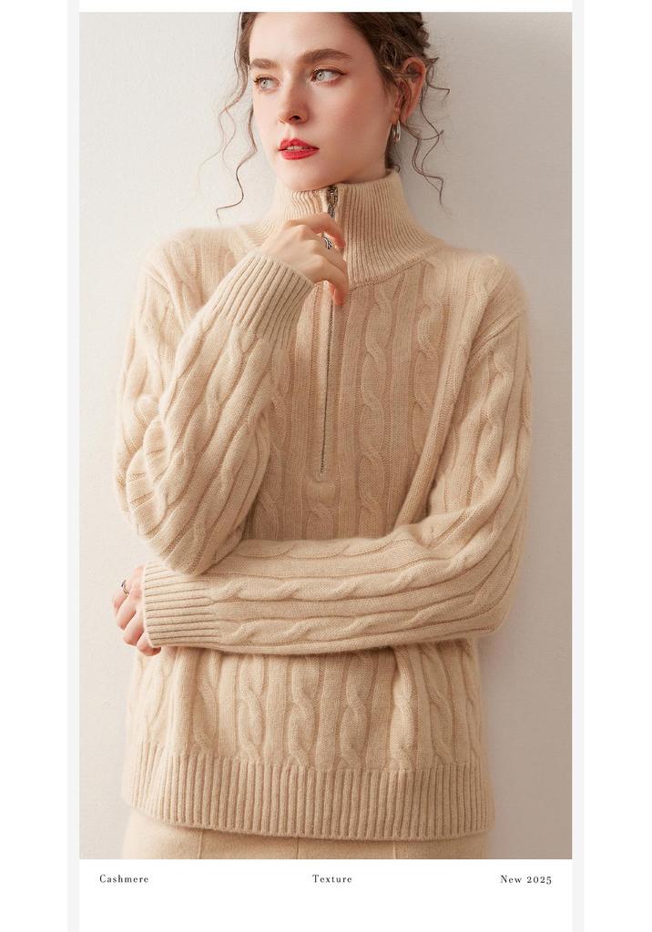 2025 Women's High-Neck Cable Knit Cashmere Sweater - Loose, Versatile Half-Zip Jumper for Autumn/Winter