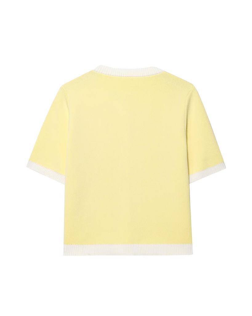 Women's European/American Color Block Knit Top, Round Neck, Short Sleeve, Autumn Collection.