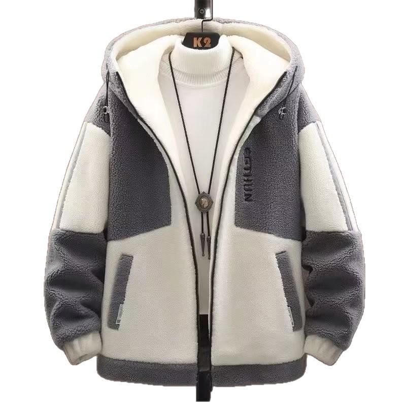 Men's Winter Lambswool Hooded Jacket - Thick, Warm, Trendy, Versatile, Embroidered Zipper Coat