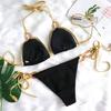 Sexy rückenfreier Bikini mit goldenen Trägern und Kristalldiamant-Badeanzug