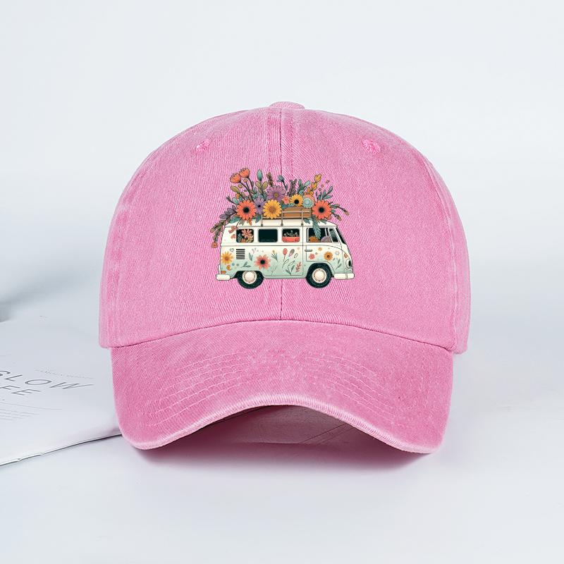 Vintage Floral Van Print Washed Baseball Cap Adjustable Unisex Cotton Travel Sun Hat