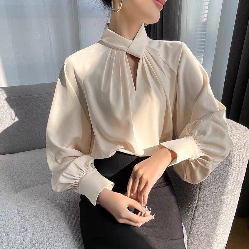 Blouse Élégante à Volants Creux Mode Coréenne pour Femmes Chemise Business Décontractée à Col Montant Manches Longues Tops Amples Unis