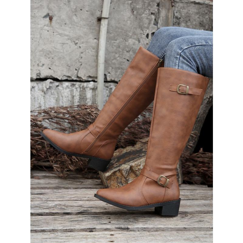 Pointed Buckle Knight Boots Winter 2025 New Plus Size Vintage Block Heel Boots