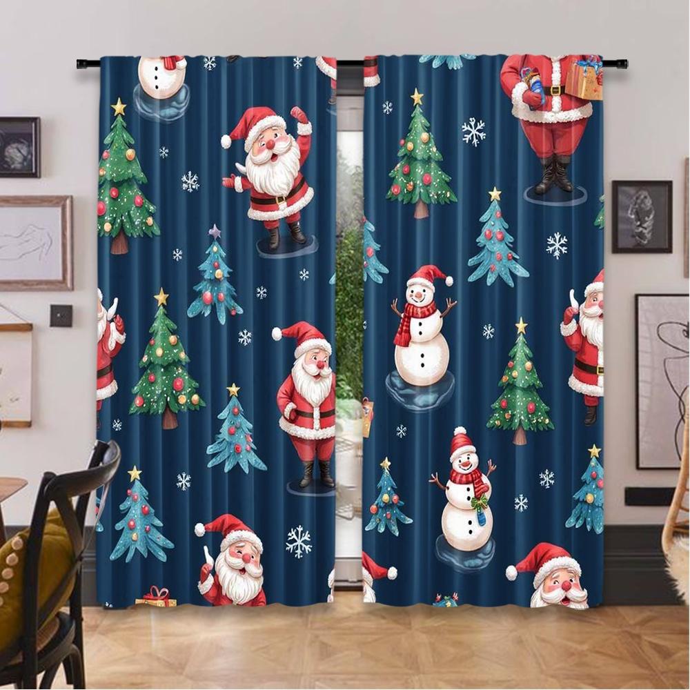 2pcs 2D flat printing Christmas Window Curtains Blue Cartoon Santa Claus Fabric Without Electricity Birthday Party Perfect for