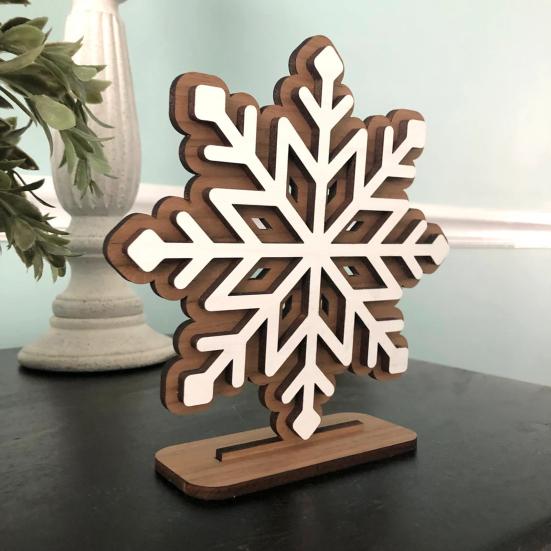 Wooden Snowflake Christmas Ornament Double-Layer 3D Design Hexagonal Shape Statue with Stable Base Table Decor