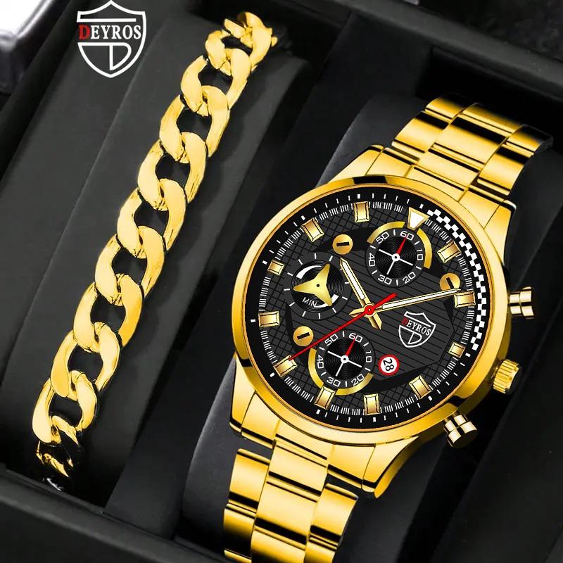 

Модные мужские деловые часы, мужские кварцевые часы из нержавеющей стали, аналоговые мужские наручные часы, браслет, набор часов с датой