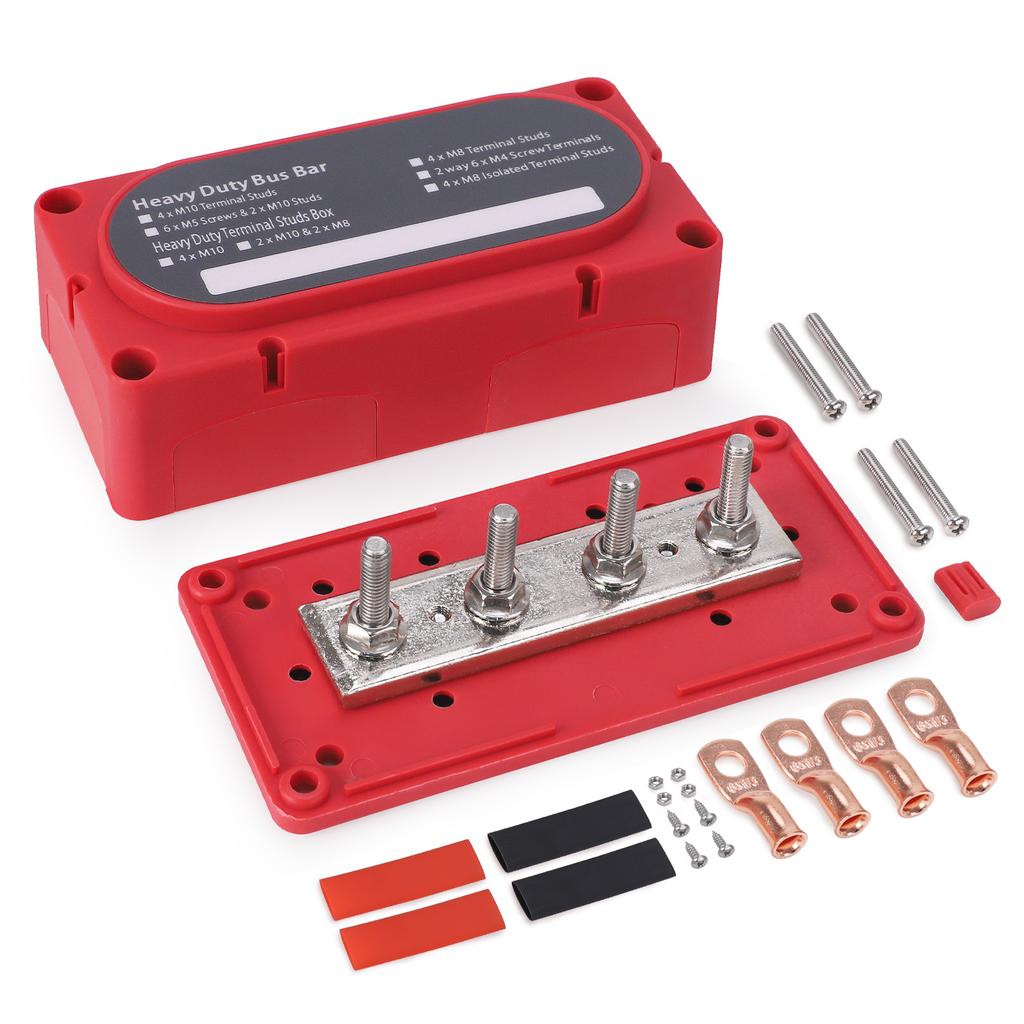 Power Distribution Block Module Heavy Duty Bus Bar 4 Studs Single Row 12-48V Copper Nickel Nylon M6 M8 M10 For Truck Car Boat