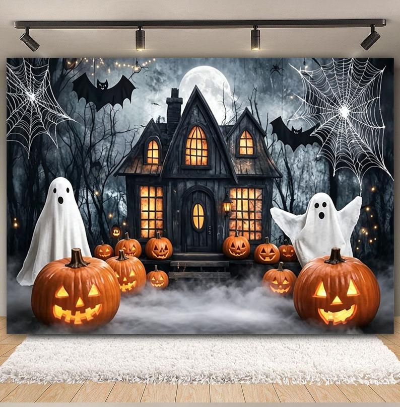 Halloween Photography Background Horror Night Moon Castle Ghost Pumpkin Bat Scary Spooky Kids Portrait Backdrop Photo Studio