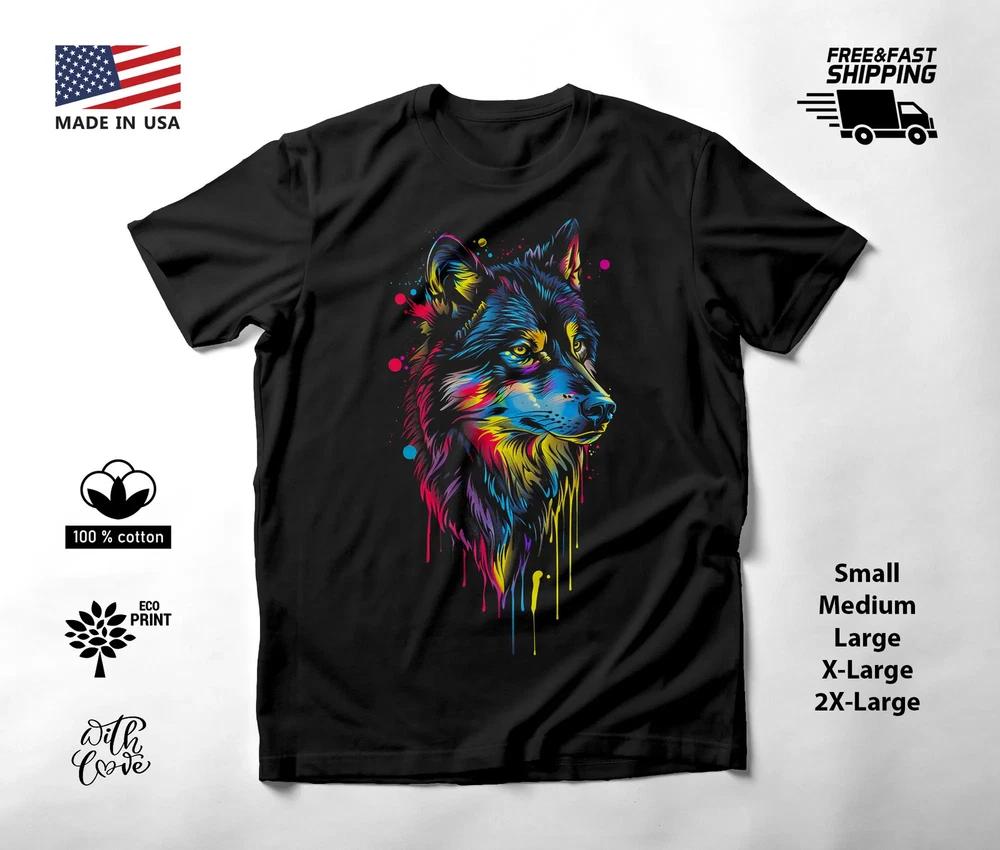 Wolf Portrait Neon Graphic T-Shirt Black Unisex S-2XL