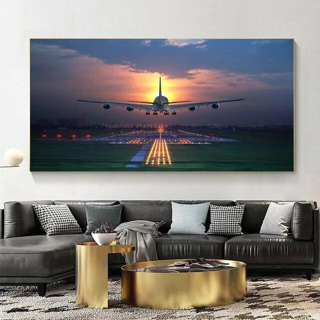 Gards Tuinposter Vliegtuig Stijgt op het Landingsbaan met Zon - 60x90