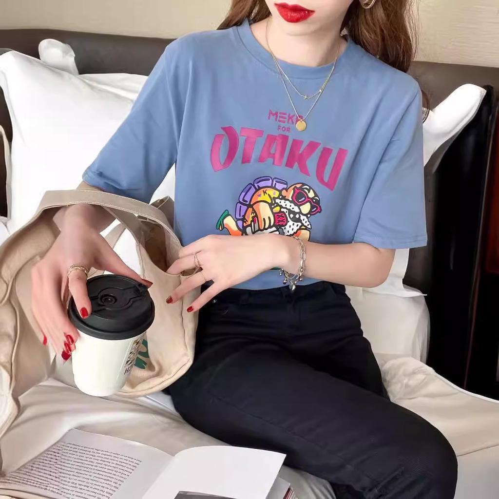 Kreskówkowa Koszulka Damska Krótki Rękaw Czysta Bawełna Wiosna Nowy Styl Luźna Koreański Styl Koszulka do Warstwowego Ubierania Wszechstronna Koszulka