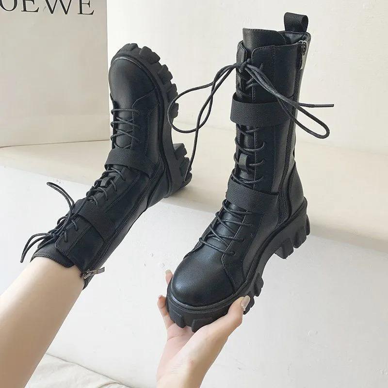 Spring Autumn Women's Motorcycle Boots Cosplay High Boots Long Tube Leather Knight Boot Punk Gothic Classic Black High Heel Shoes