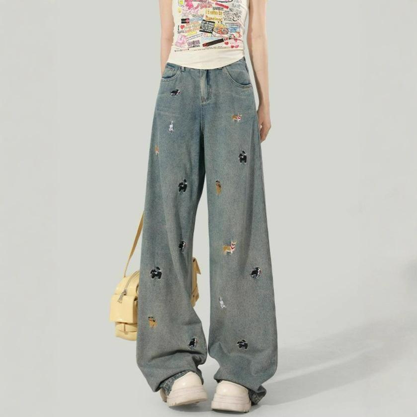 

Fashionable Comfortable Fun Puppy Embroidery Jeans Female Retro Autumn Straight Loose High Waist Wide-leg Trousers Jeans for Women Long Denim Pants 4XL