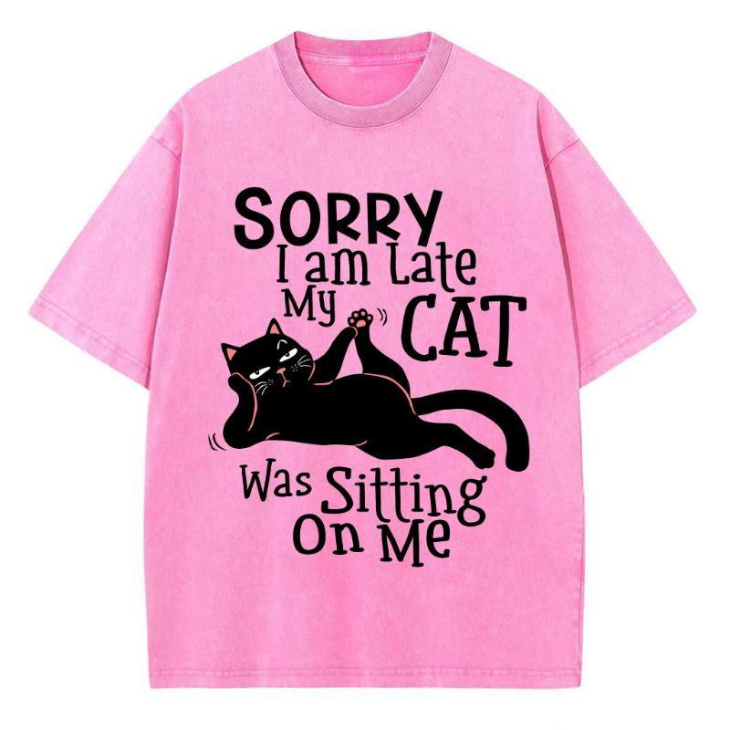 Liebling Schwarze Katze Print Damen Washed T-Shirt Übergroß Rundhals Stretch Kurzarm Unisex Freizeit Oberteil