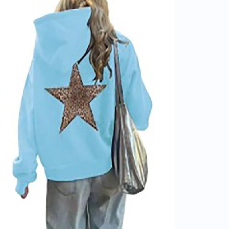 Mode Einfacher Leopardenmuster Fünfzackiger Stern Kapuzenpullover Lässig Locker Kängurutasche Kordelzug Pullover Oberteile