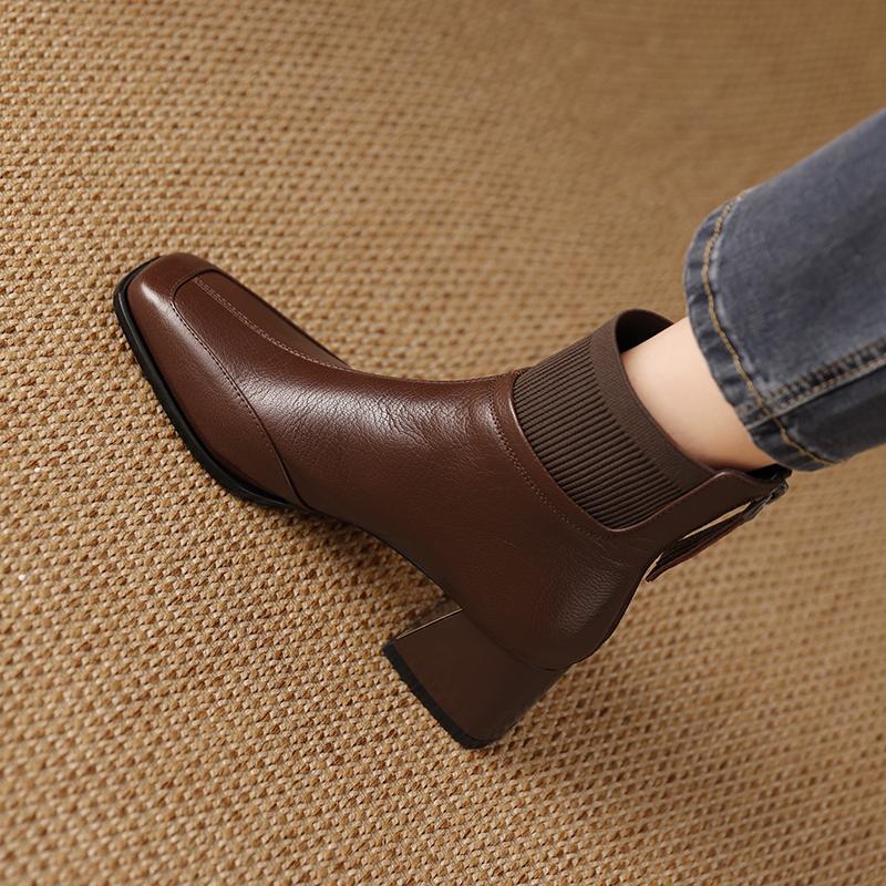 Zapatos De Mujer Retro Square Toe Thick Heel Women's Ankle Boots 2026winter New Women Leather Boots Simple Versatile Woman Shoes