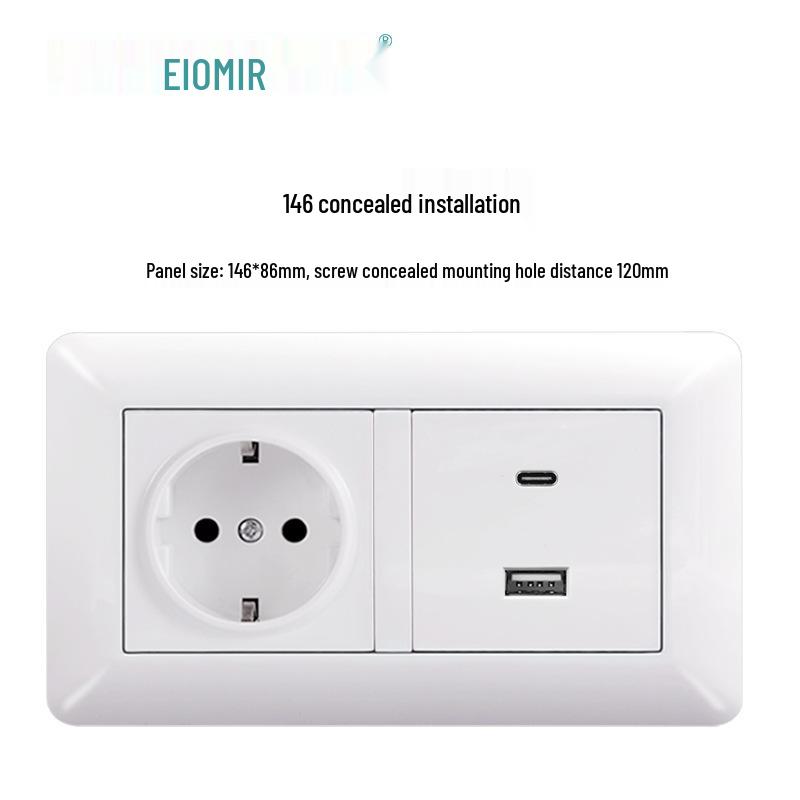 Curved White European Standard Socket Panel with Double USB & Type C, German Switch, Concealed Installation