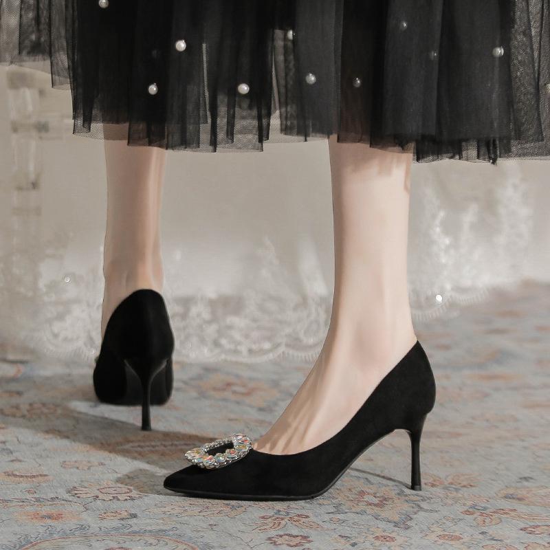 French Pointed Rhinestone High Heels Women's 2025 New Temperament Not Tired Feet Comfortable Black Suede Professional Single Shoes