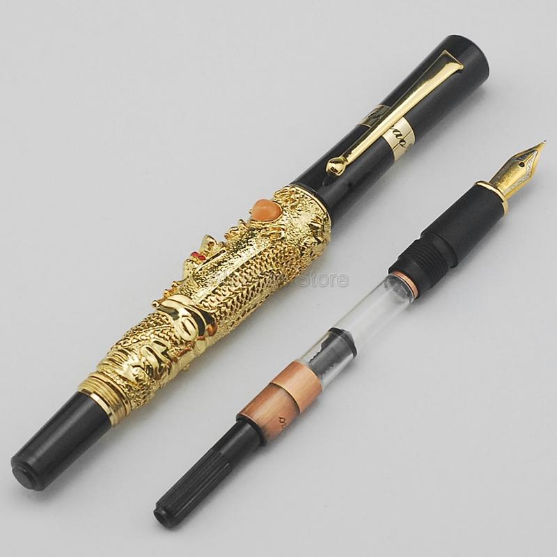 Jinhao Летающий Дракон Старинная Перьевая Ручка, Металлический Рельеф Иридиевое Тонкое Перо Благородный Золотой Цвет Деловая Для Офиса и Школы