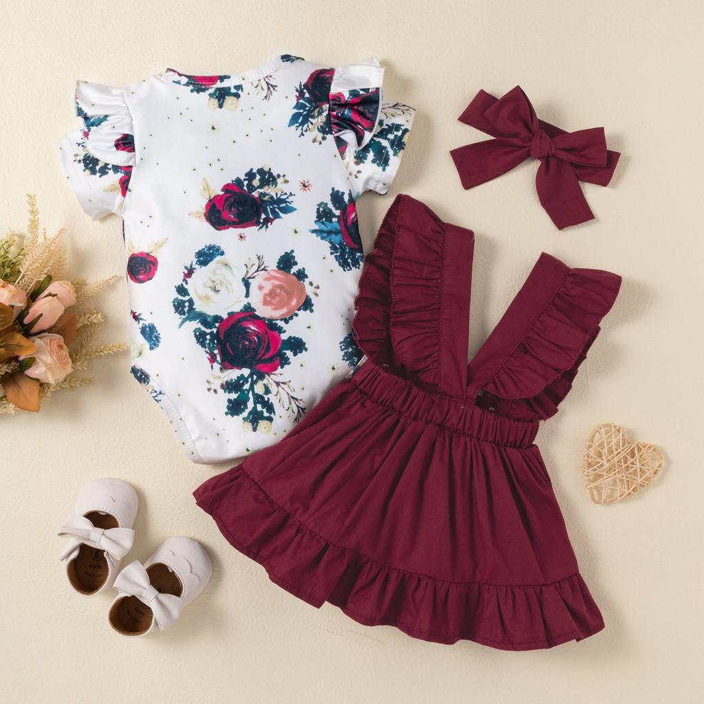 Newborn Ribbed Outfit Ruffle Sleeve Romper Color Suspender Skirt Set 2PC Headband 0-36M