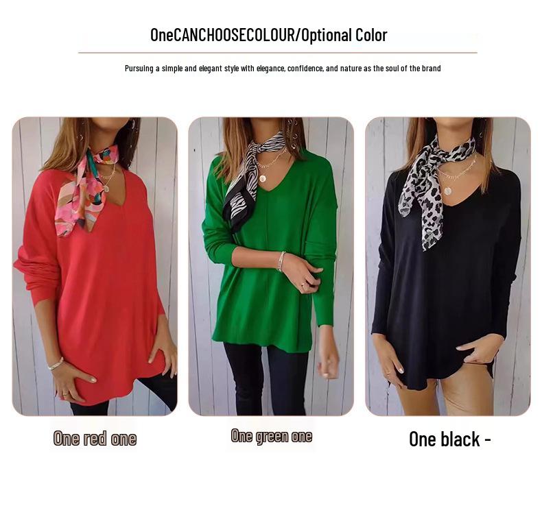 Women's Long Sleeve V-Neck Knitwear: European & American Style Loose Fit Solid Pullover Top