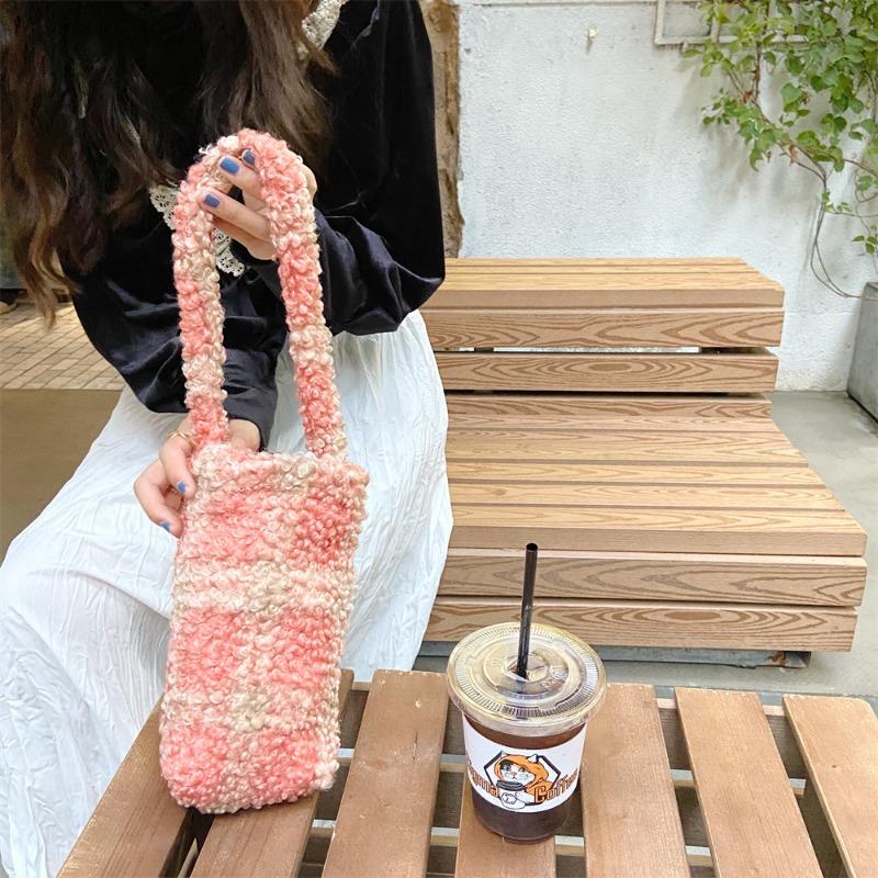111 cute plush cow pattern student class cup bag commute to work portable plaid cup cover
