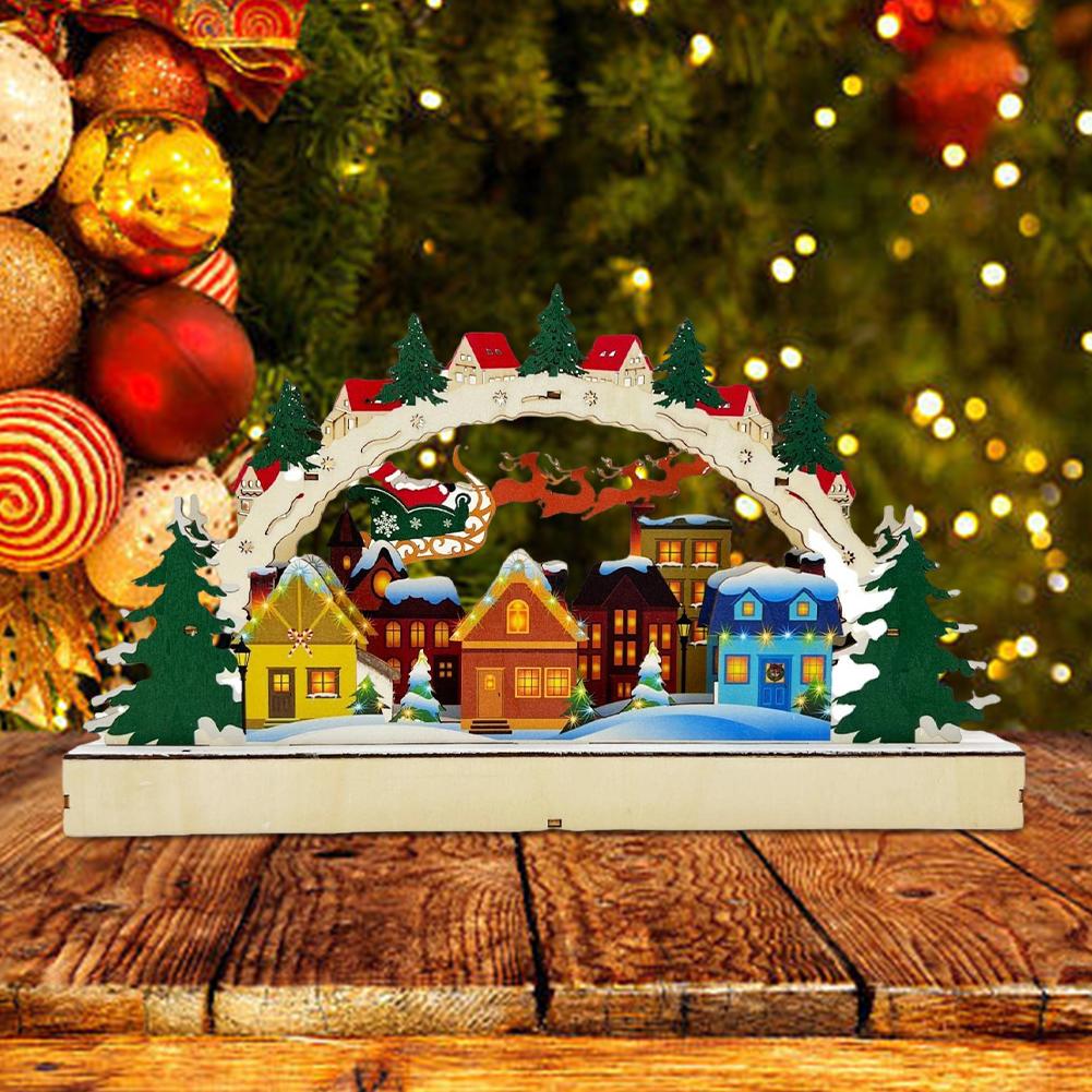 Holz-LED- und Buch-Desktop-Dekor, LED-Brückenlichter-Ornament, beleuchtete Weihnachtshaus-Dorfszene, Tisch-Cottage-Stadthaus-Dekor