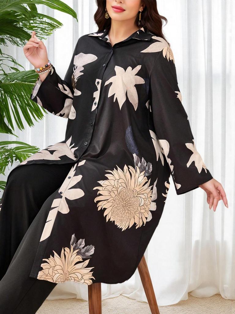 Dubai Plus Size Floral Long Sleeve & Pants with Long Skirt - Elegant Two-Piece Set