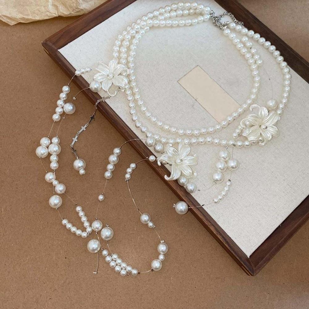 Balletcore Style Lilium Flower Pearl Necklace Faux Pearl Stacked Flower Choker Sweet Girls
