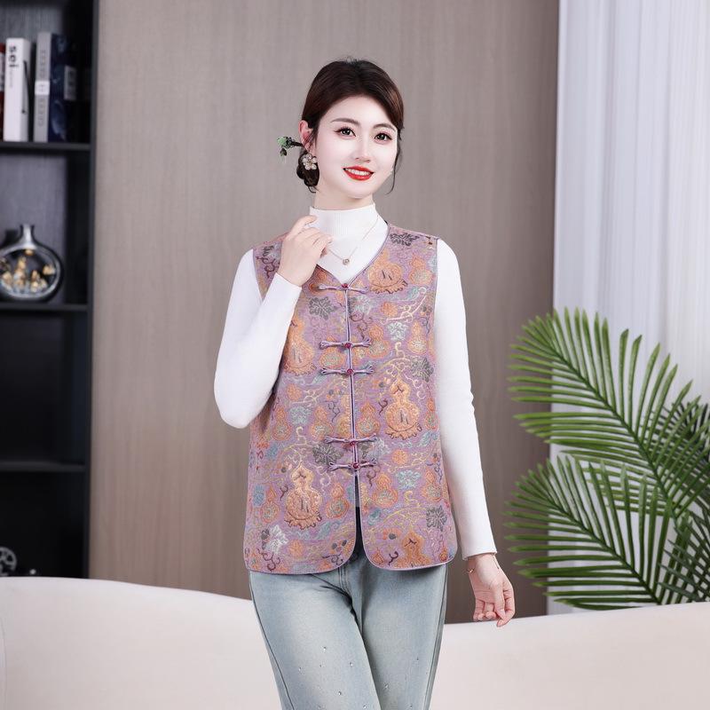 Autumn Retro Frog Button Vest: Elegant Round Neck Top for Middle-aged & Elderly Women