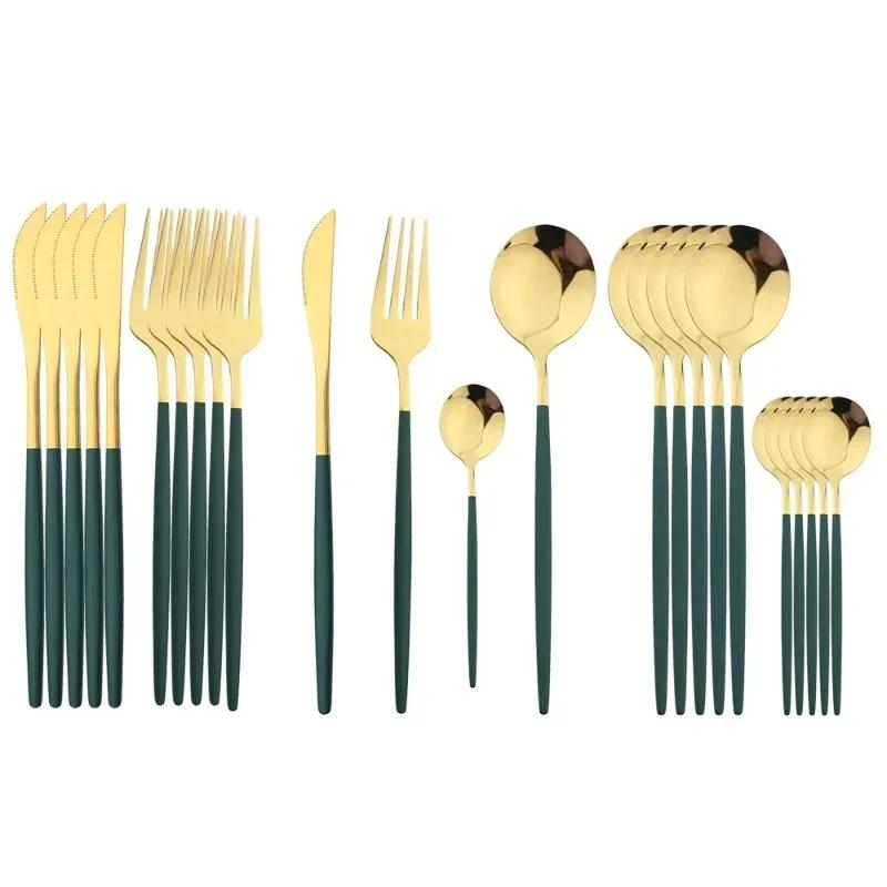 5/24Pcs Black Handle Golden Cutlery Set Stainless Steel Steak Knife Fork Spoon Tableware Dessert Spoon Festival Kitchen Cutlery
