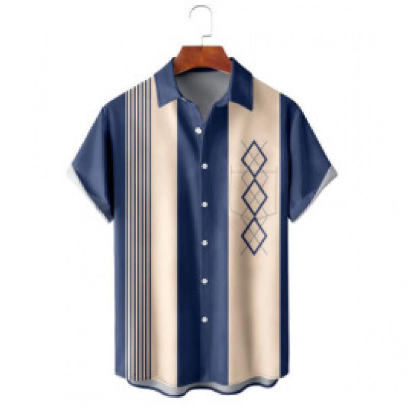 Summer new men's top striped D print men's cardigan lapel